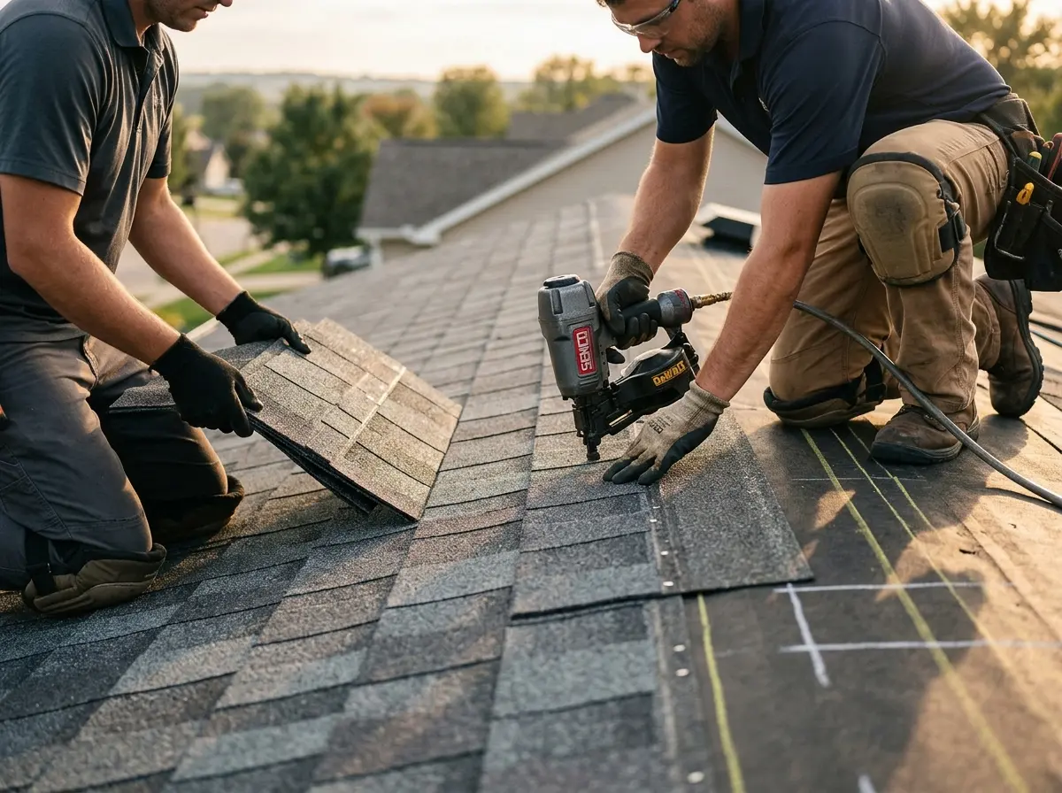 Professional roofer working on a residential roof in Nebraska City